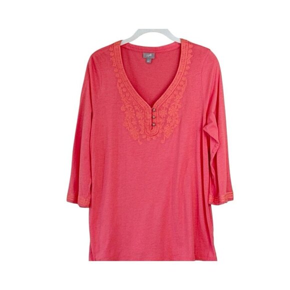 J. Jill Women's Long Sleeve Embroidered Three Button Cotton Coral Tee Top Size L - Picture 1 of 7